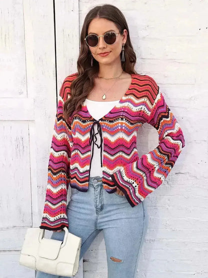 Striped Openwork Tied Cardigan - Bad Moms Club