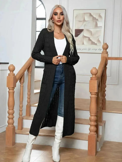 Cable-Knit Open Front Cardigan with Pockets - Bad Moms Club