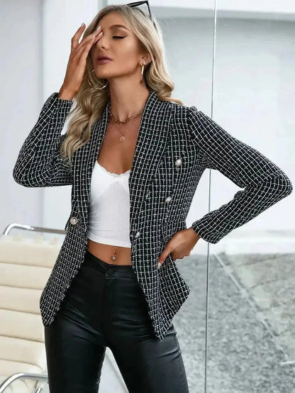 Plaid Double Breasted Long Sleeve Jacket - Bad Moms Club