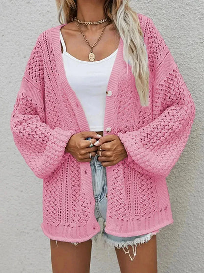 Openwork Button Front Cardigan - Bad Moms Club