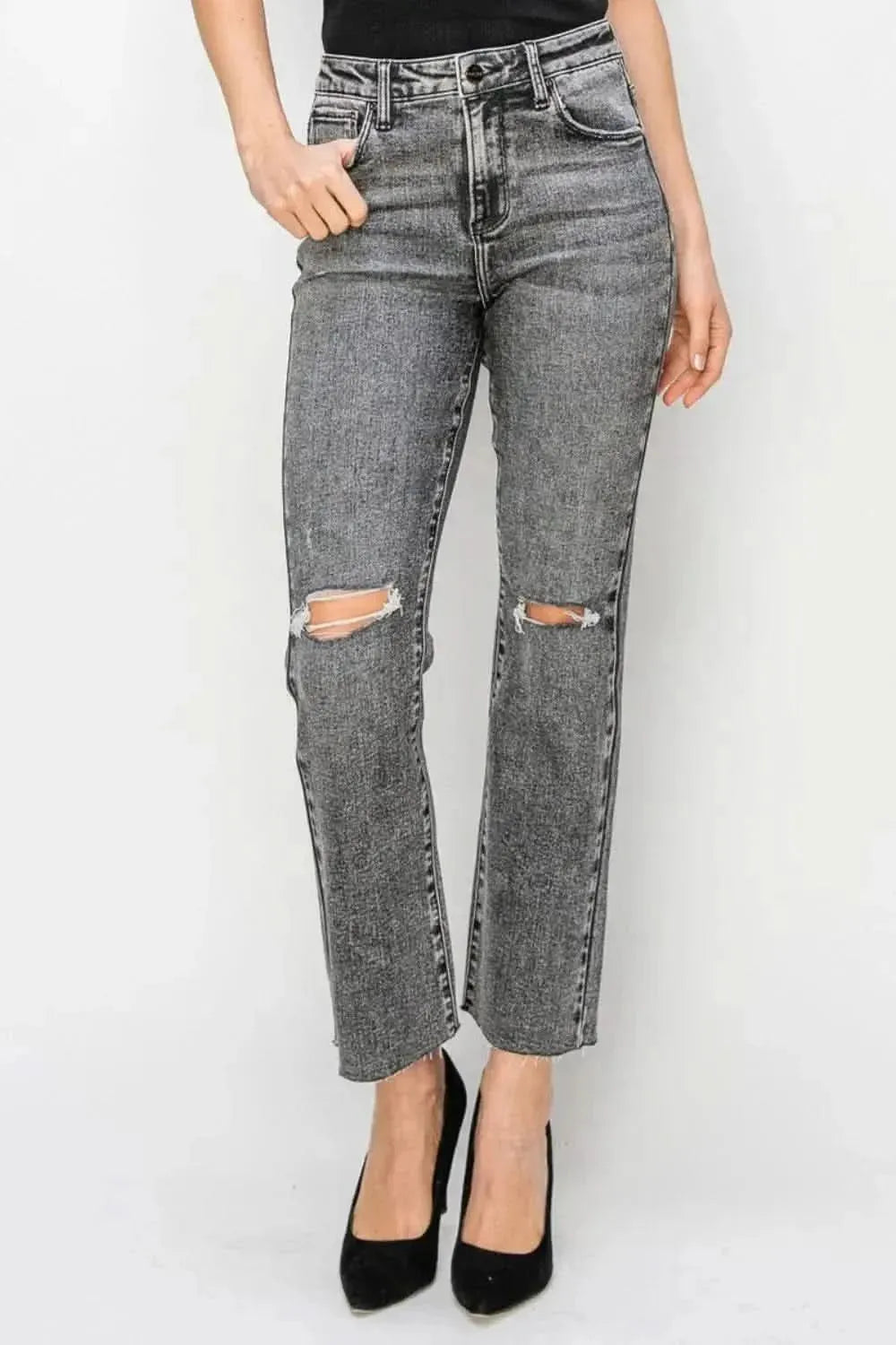 RISEN High Waist Distressed Straight Jeans - Bad Moms Club