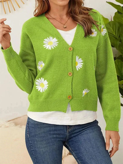 Flower Button Front Dropped Shoulder Cardigan - Bad Moms Club