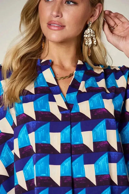 Double Take Full Size Geometric Notched Half Sleeve Blouse - Bad Moms Club