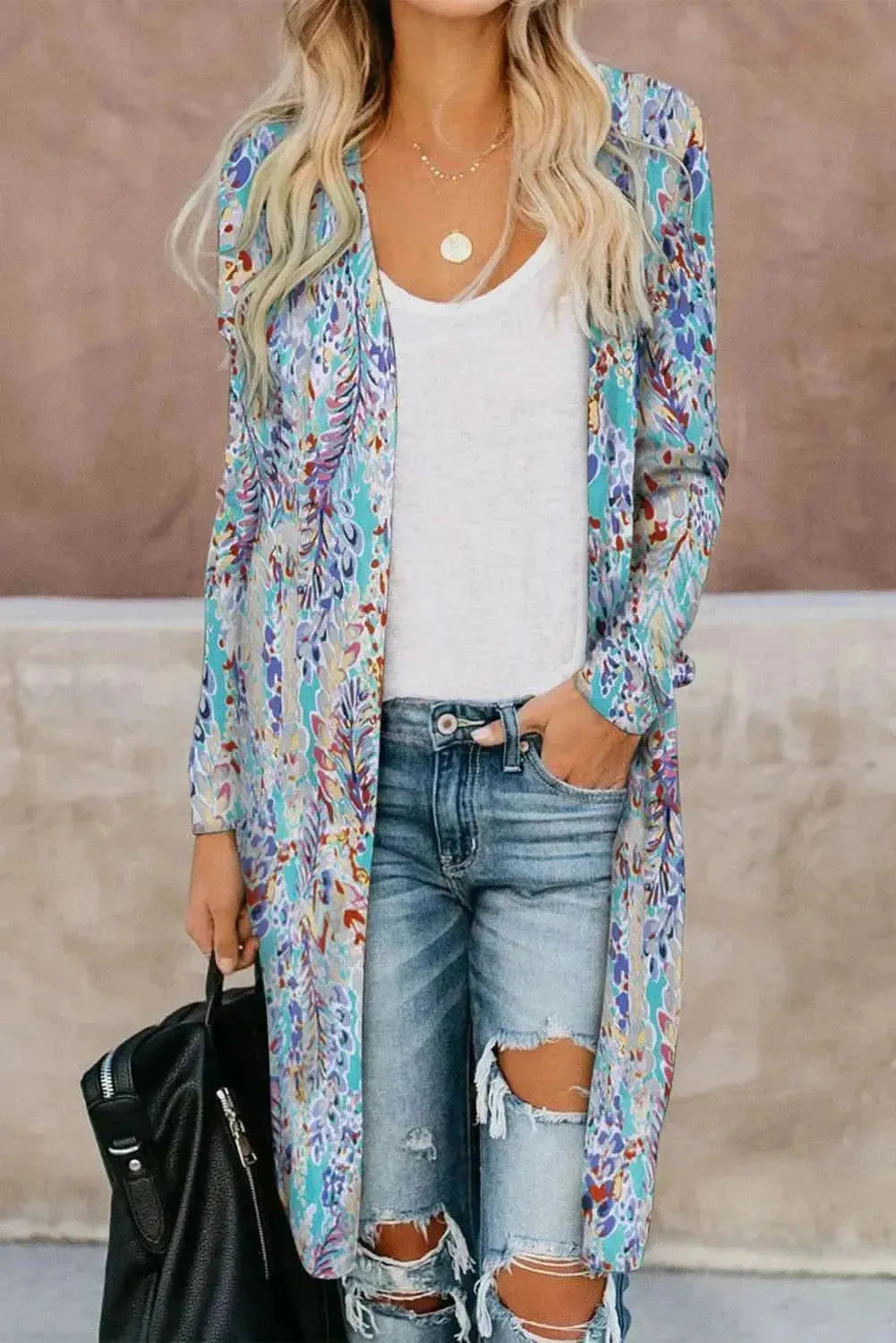Double Take Printed Open Front Longline Cardigan - Bad Moms Club