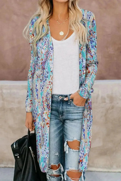 Double Take Printed Open Front Longline Cardigan - Bad Moms Club