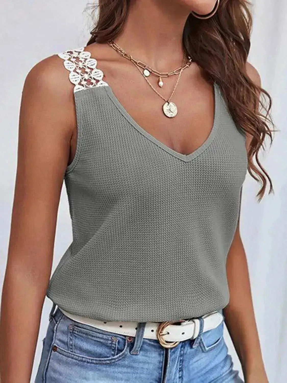 Full Size Lace Detail V-Neck Tank - Bad Moms Club