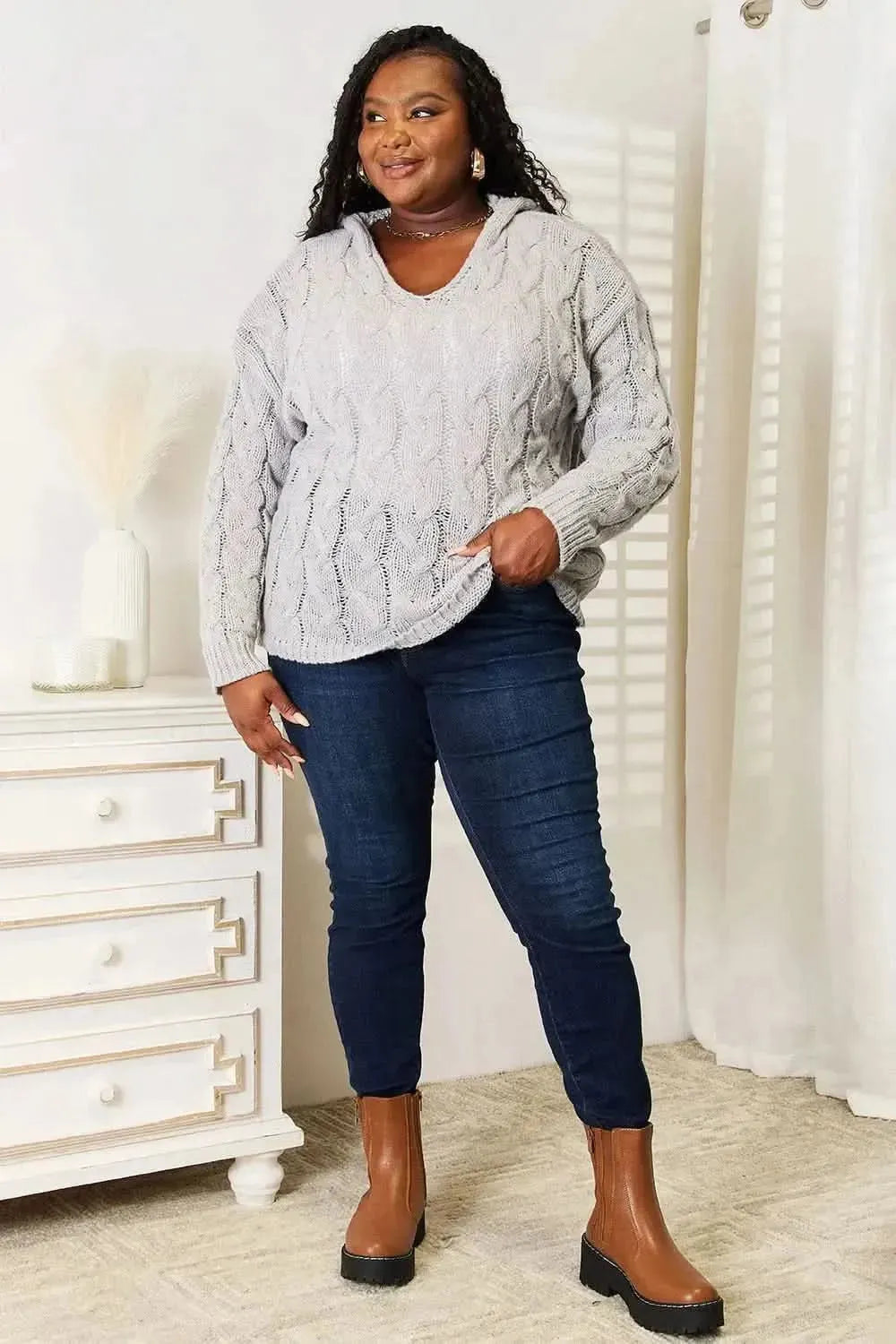 Woven Right Cable-Knit Hooded Sweater - Bad Moms Club