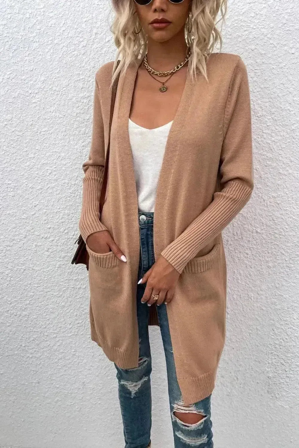 Open Front Long Sleeve Cardigan with Pockets - Bad Moms Club
