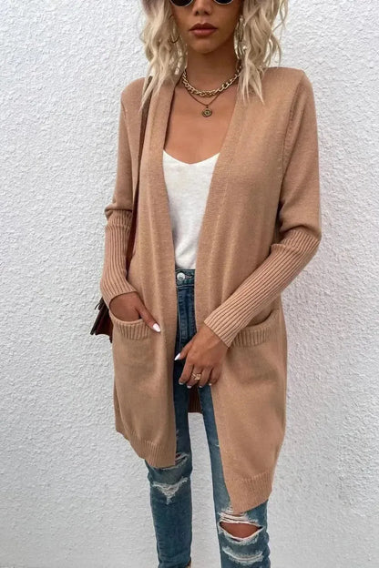 Open Front Long Sleeve Cardigan with Pockets - Bad Moms Club