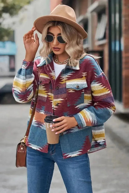 Printed Collared Neck Jacket - Bad Moms Club