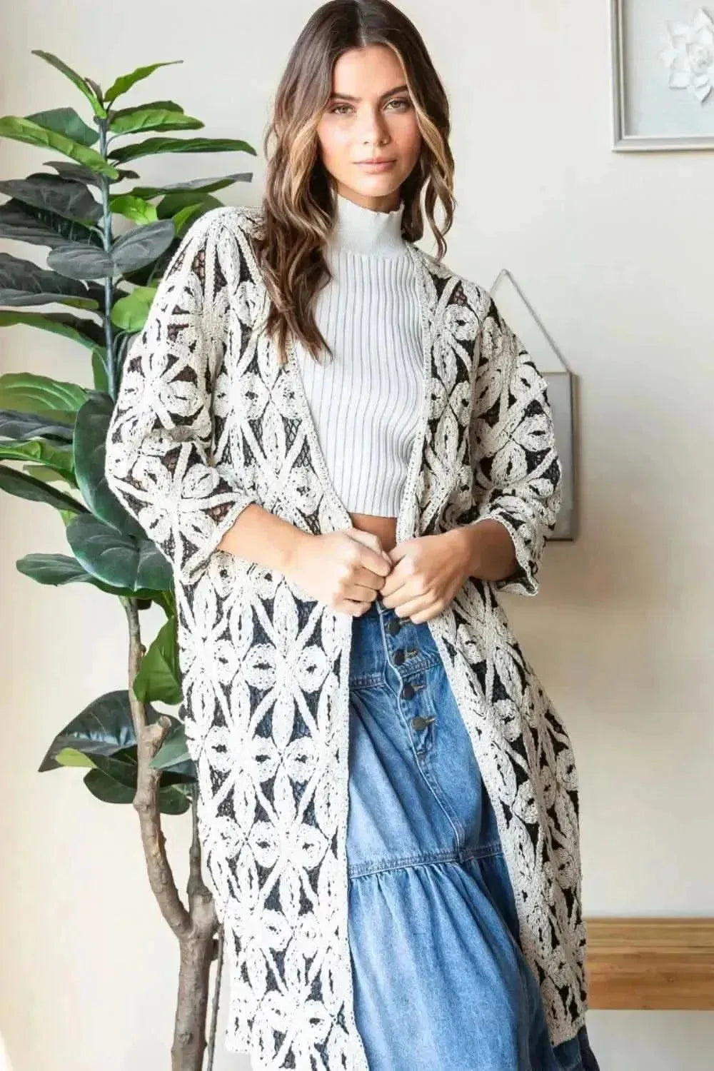 Veveret Geometric Open Front Three-Quarter Sleeve Cardigan - Bad Moms Club