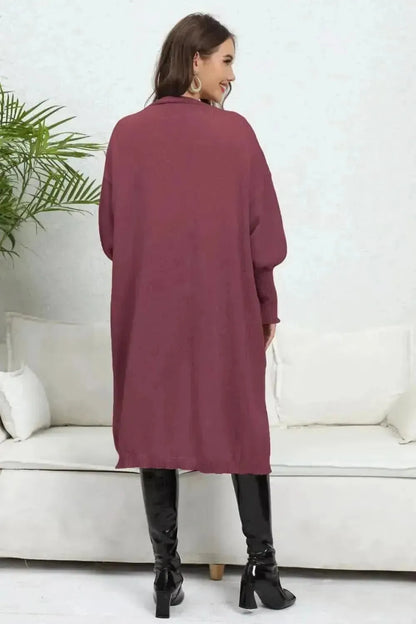 Lantern Sleeve Open Front Pocketed Cardigan - Bad Moms Club
