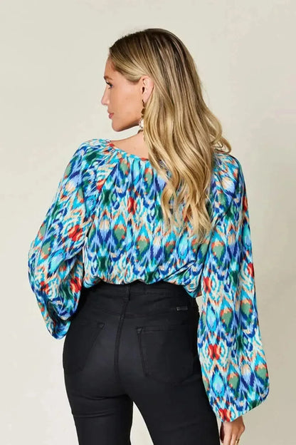 Double Take Full Size Printed Balloon Sleeve Blouse - Bad Moms Club