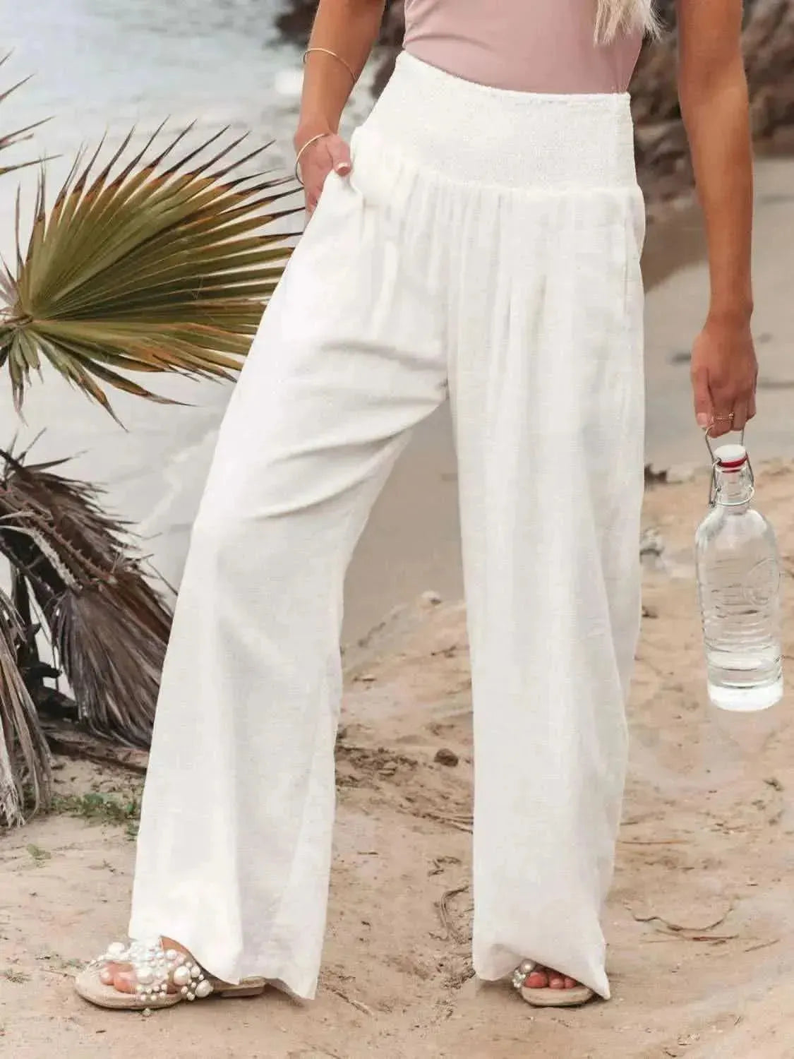 Full Size Smocked Waist Wide Leg Pants - Bad Moms Club