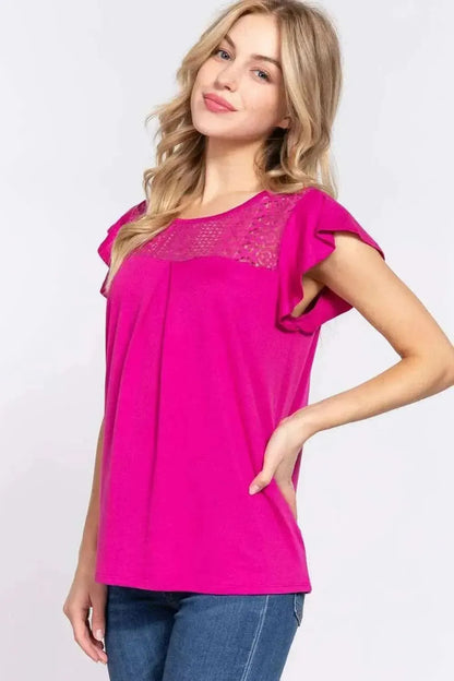 ACTIVE BASIC Ruffle Short Sleeve Lace Detail Knit Top - Bad Moms Club