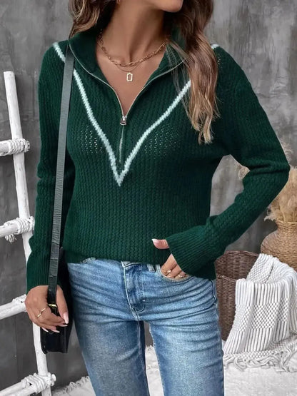 Perfee Contrast Half Zip Long Sleeve Sweater - Bad Moms Club