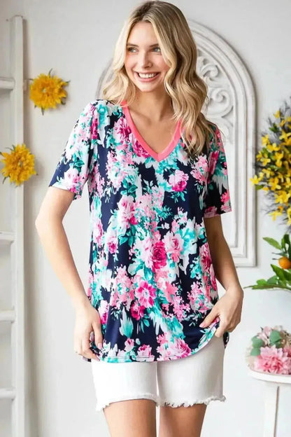 Heimish Full Size Floral V-Neck Short Sleeve T-Shirt - Bad Moms Club