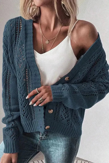 Openwork Button Up Long Sleeve Cardigan - Bad Moms Club
