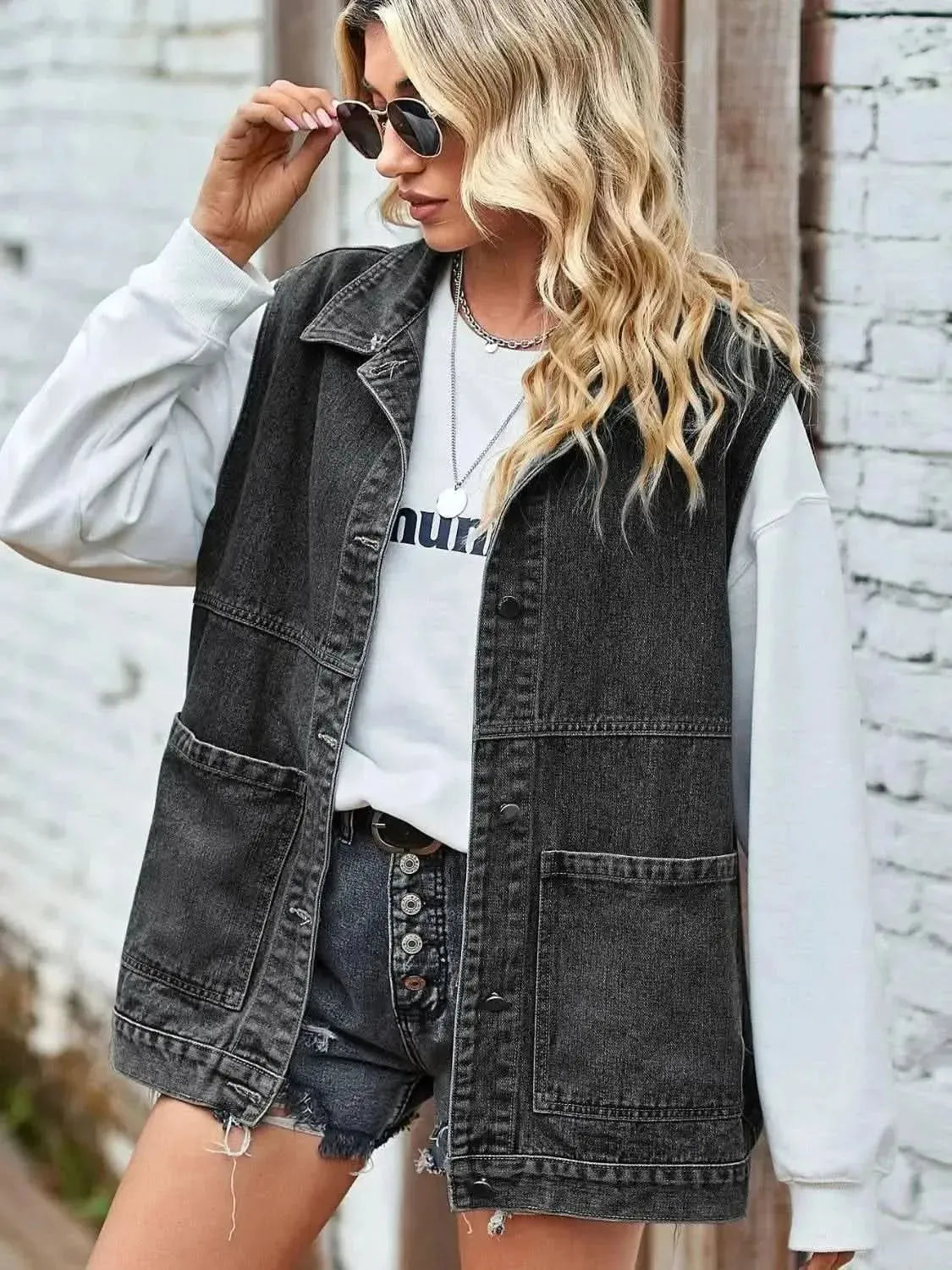 Button Front Sleeveless Denim Jacket - Bad Moms Club