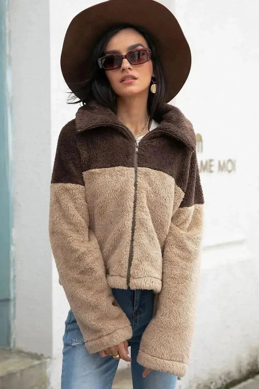 Two-Tone Collared Neck Fuzzy Jacket - Bad Moms Club