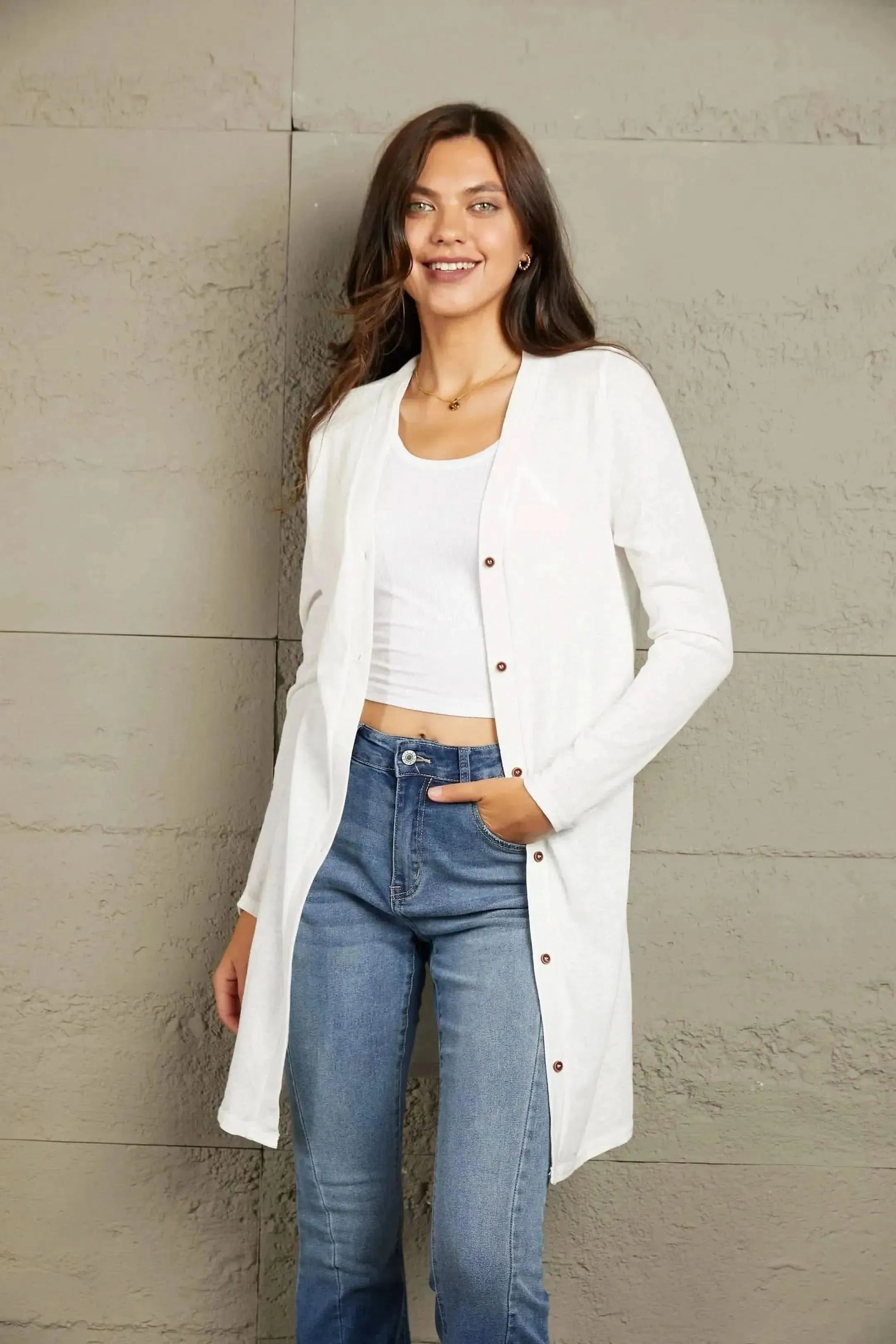 Double Take Button Down Long Sleeve Longline Cardigan - Bad Moms Club