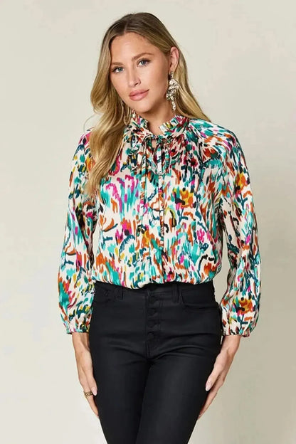Double Take Full Size Printed Button Up Long Sleeve Shirt - Bad Moms Club