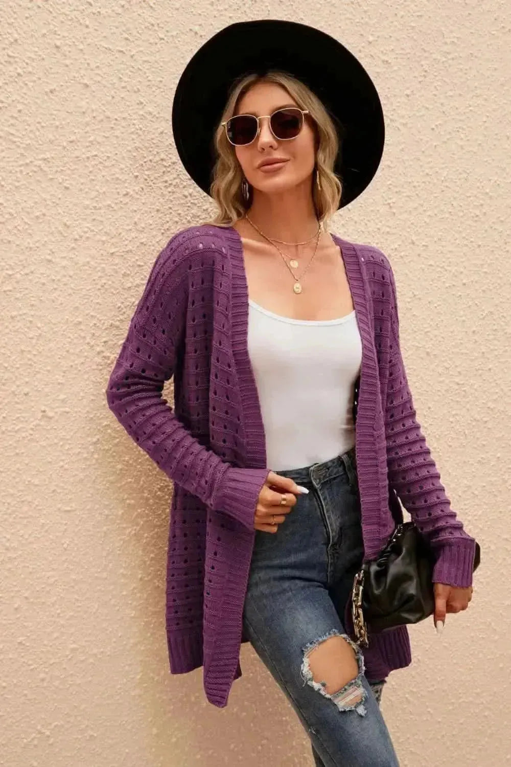 Openwork Horizontal Ribbing Open Front Cardigan - Bad Moms Club
