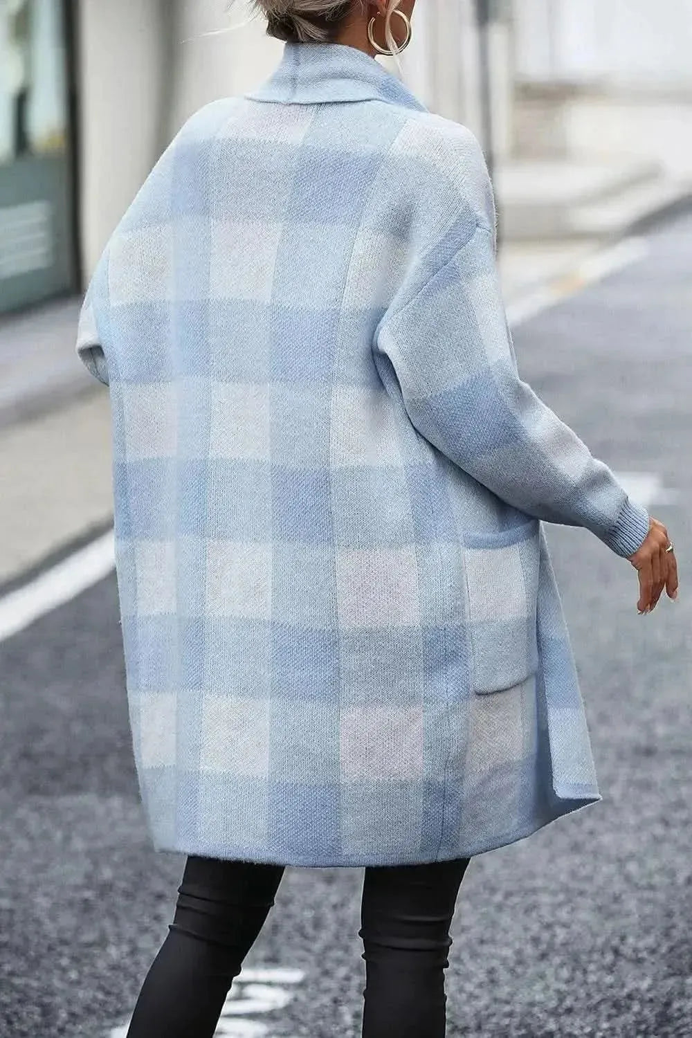 Plaid Dropped Shoulder Cardigan with Pocket - Bad Moms Club
