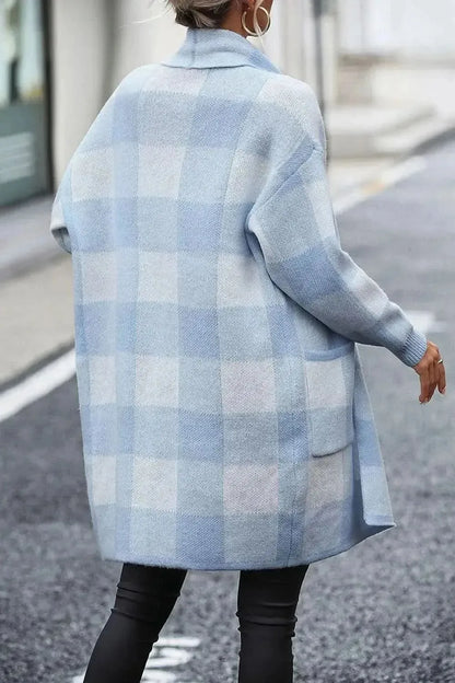 Plaid Dropped Shoulder Cardigan with Pocket - Bad Moms Club