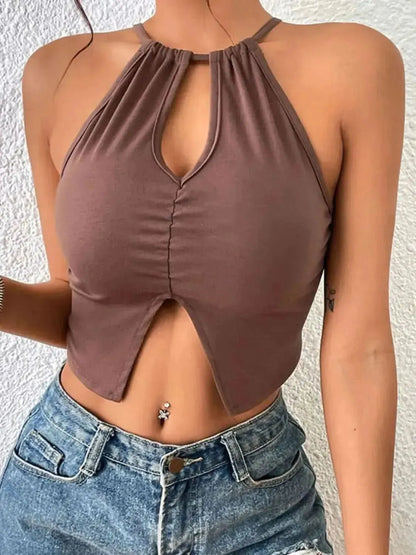 Perfee Crisscross Tie Back Slit Sleeveless Top - Bad Moms Club