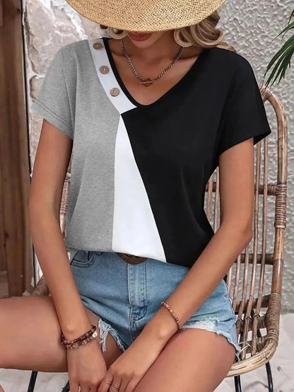 Ivy Lane Color Block Decorative Button V-Neck Tee - Bad Moms Club