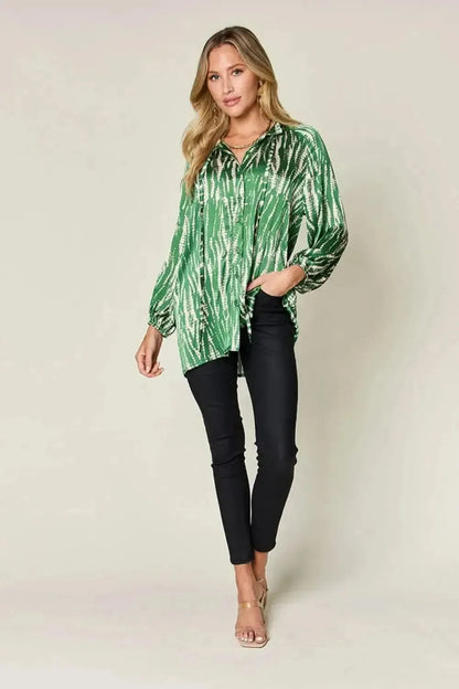Double Take Full Size Printed Button Up Long Sleeve Shirt - Bad Moms Club