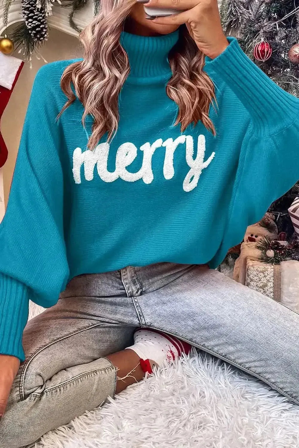 Double Take Full Size Merry Christmas Turtleneck Long Sleeve Sweater - Bad Moms Club