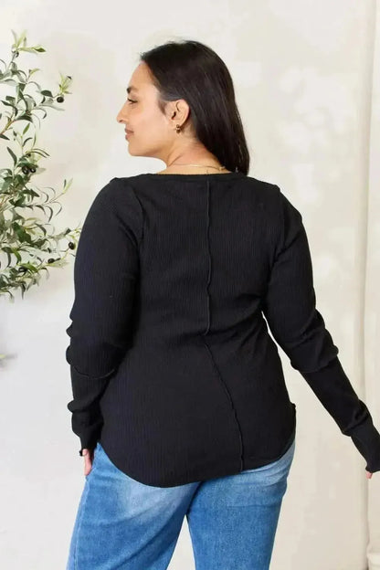 Culture Code Full Size Ribbed Round Neck Long Sleeve Top - Bad Moms Club