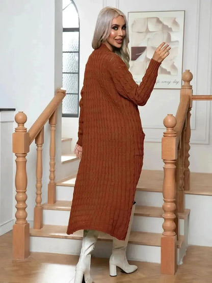 Cable-Knit Open Front Cardigan with Pockets - Bad Moms Club