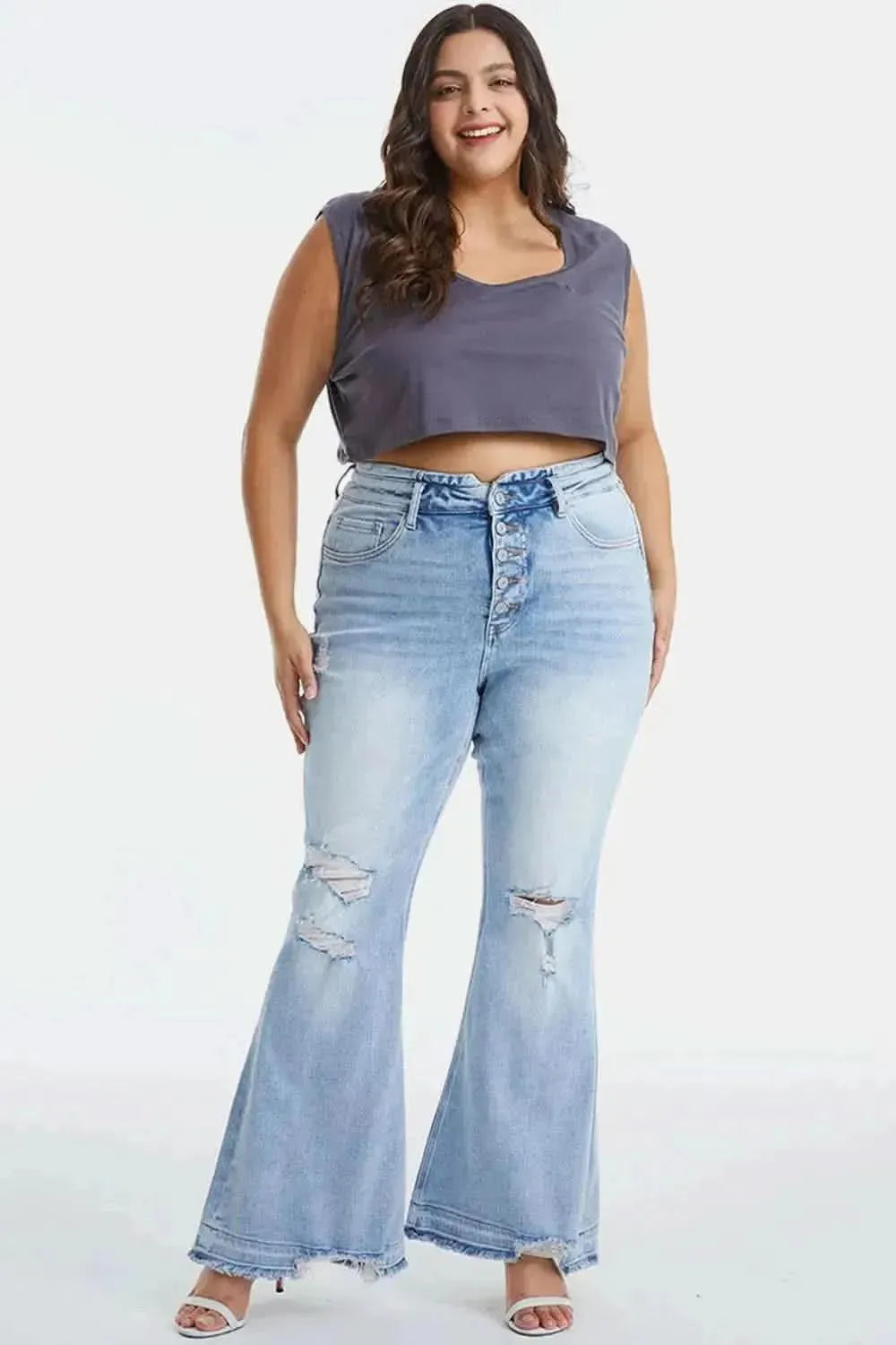 BAYEAS Full Size Distressed Raw Hem High Waist Flare Jeans - Bad Moms Club