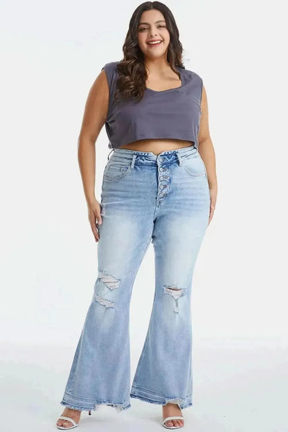 BAYEAS Full Size Distressed Raw Hem High Waist Flare Jeans - Bad Moms Club