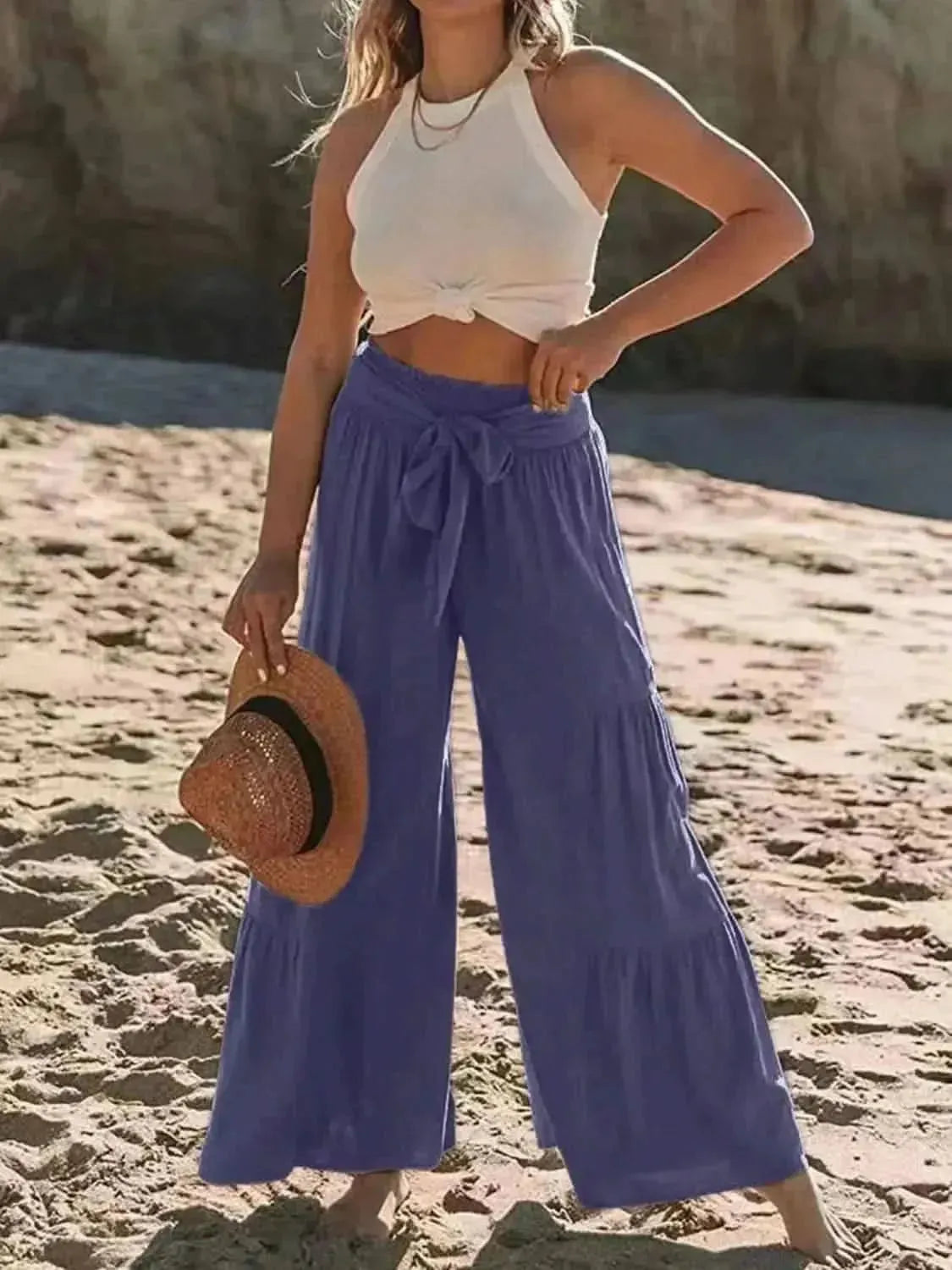 Tied Ruched Wide Leg Pants - Bad Moms Club