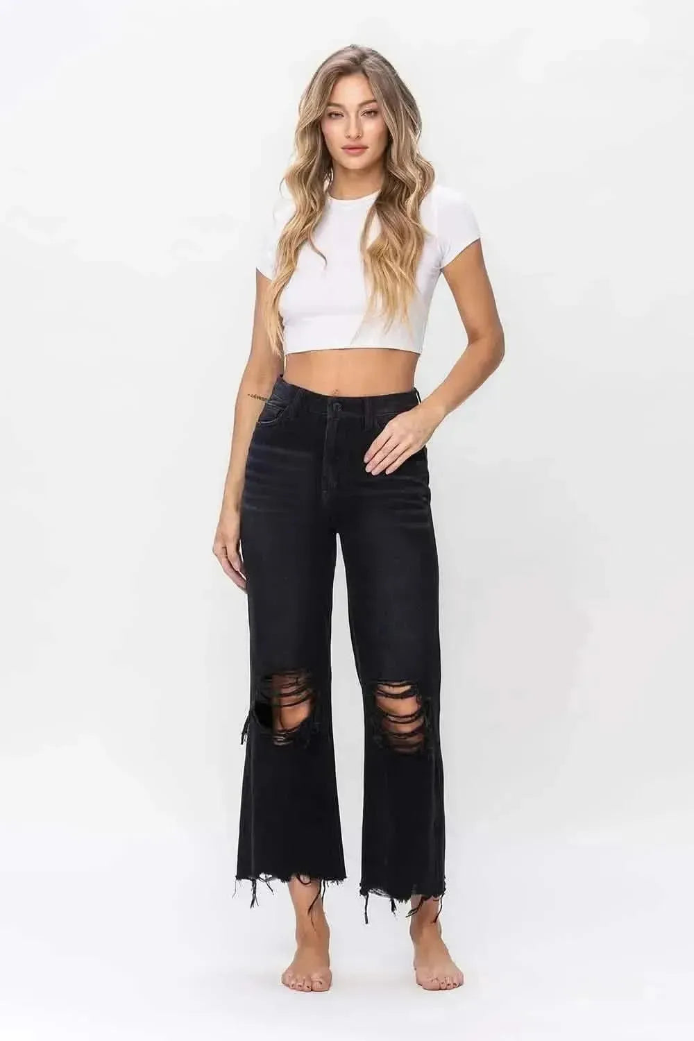 Vervet by Flying Monkey Vintage Ultra High Waist Distressed Crop Flare Jeans - Bad Moms Club