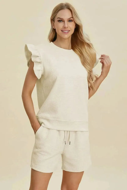 Double Take Full Size Texture Round Neck Ruffle Sleeve Top and Shorts Set - Bad Moms Club