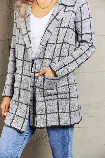 Printed Open Front Lapel Collar Cardigan with Pockets - Bad Moms Club