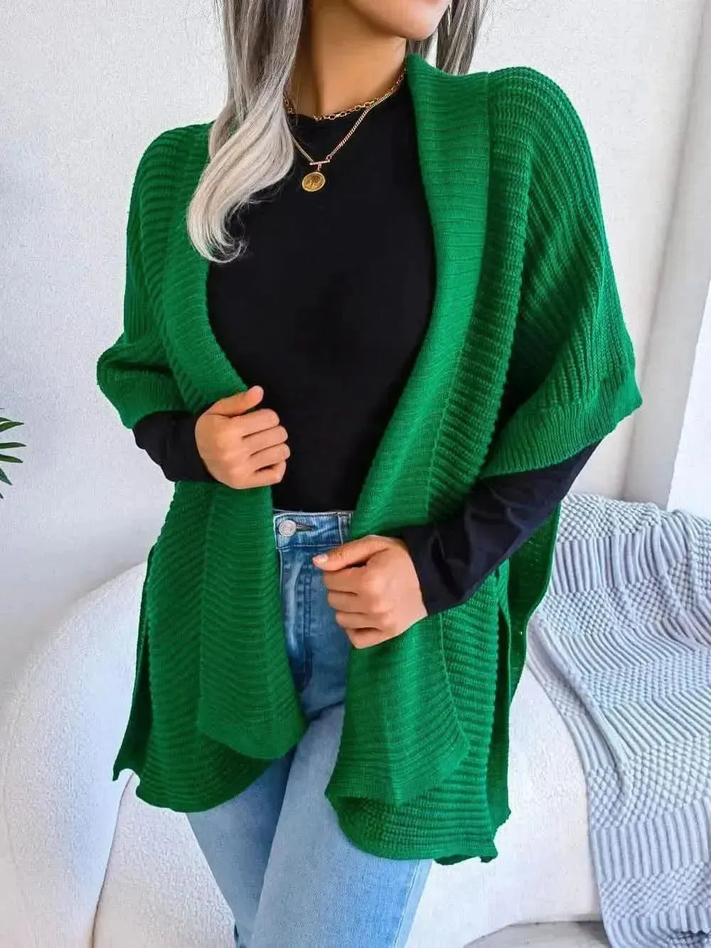 Horizontal Ribbing Open Front Slit Cardigan - Bad Moms Club