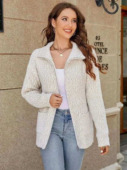 Zip-Up Collared Cardigan with Pockets - Bad Moms Club