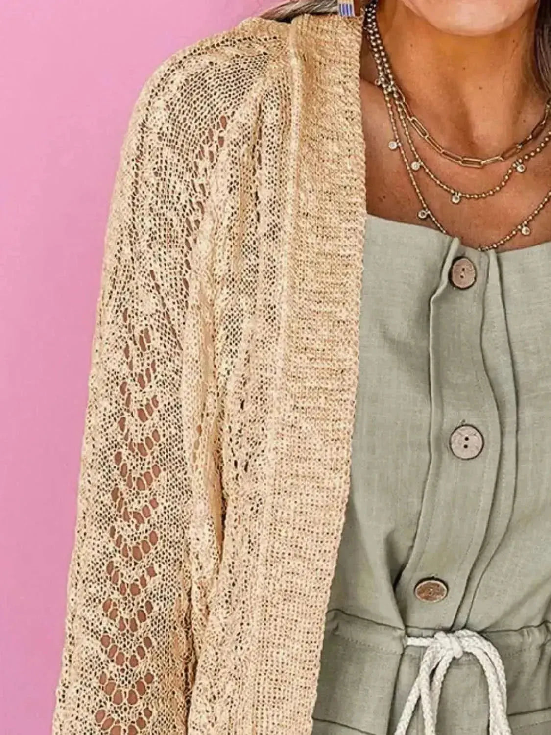 Openwork Open Front Long Sleeve Cardigan - Bad Moms Club