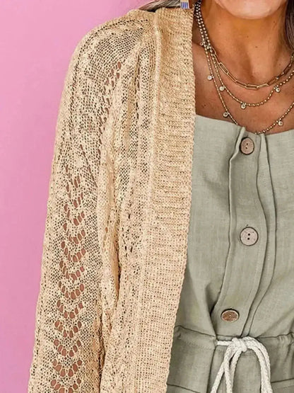 Openwork Open Front Long Sleeve Cardigan - Bad Moms Club