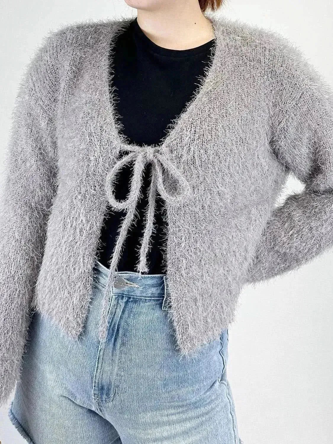 Tied Open Front Dropped Shoulder Cardigan - Bad Moms Club