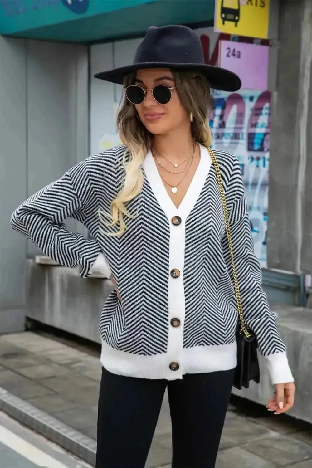 Striped V-Neck Dropped Shoulder Button-Up Cardigan - Bad Moms Club
