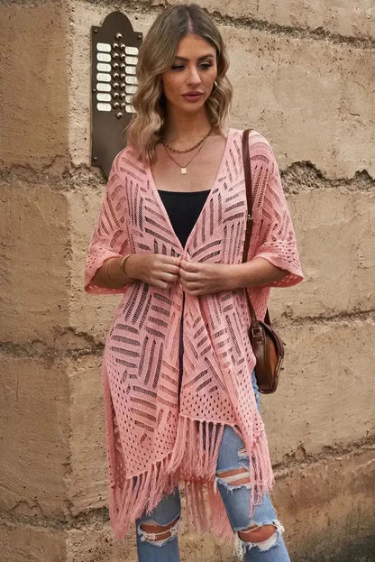 Openwork Open Front Cardigan with Fringes - Bad Moms Club