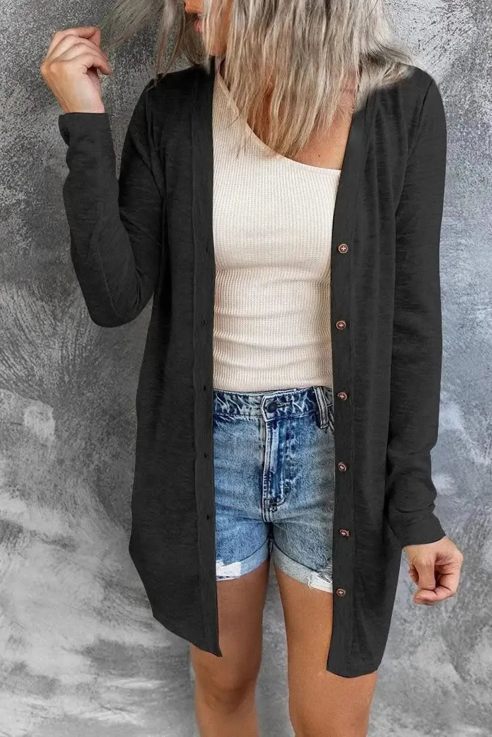 Double Take Button Down Long Sleeve Longline Cardigan - Bad Moms Club