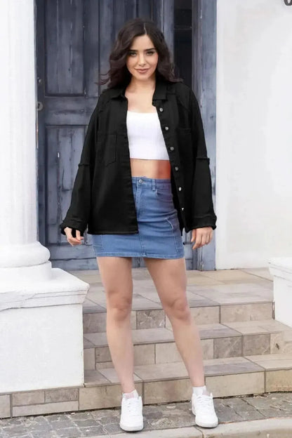 Raw Hem Pocketed Collared Neck Denim Jacket - Bad Moms Club
